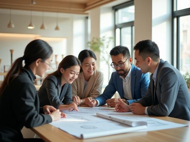 ミーティングで協力し合うMiyabi Skyworksの建築家チーム。日差しの中で未来のプロジェクトについて話し合っています。